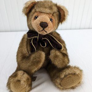 Rich Brown Teddy Bear Plush 14" Stuffed Animal Velvet Neck Bow Unique Face